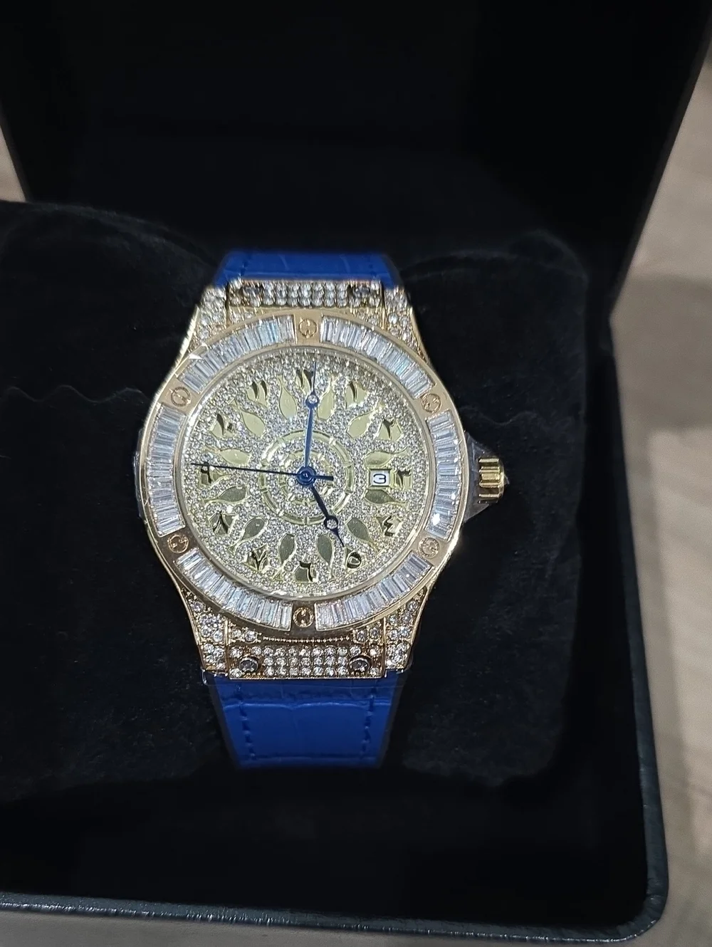 Gold Crystal Dial Men's Watch with Blue Strap